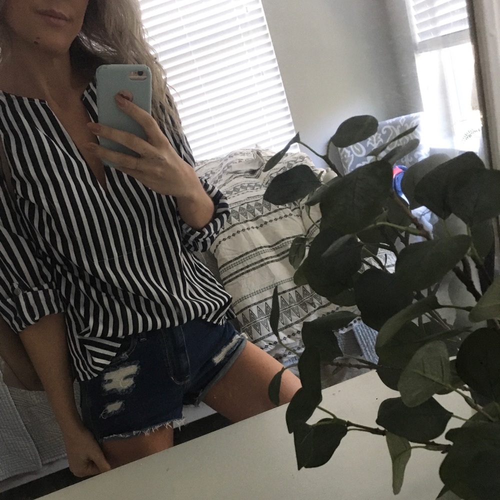 New York & Company Navy & White Striped Top